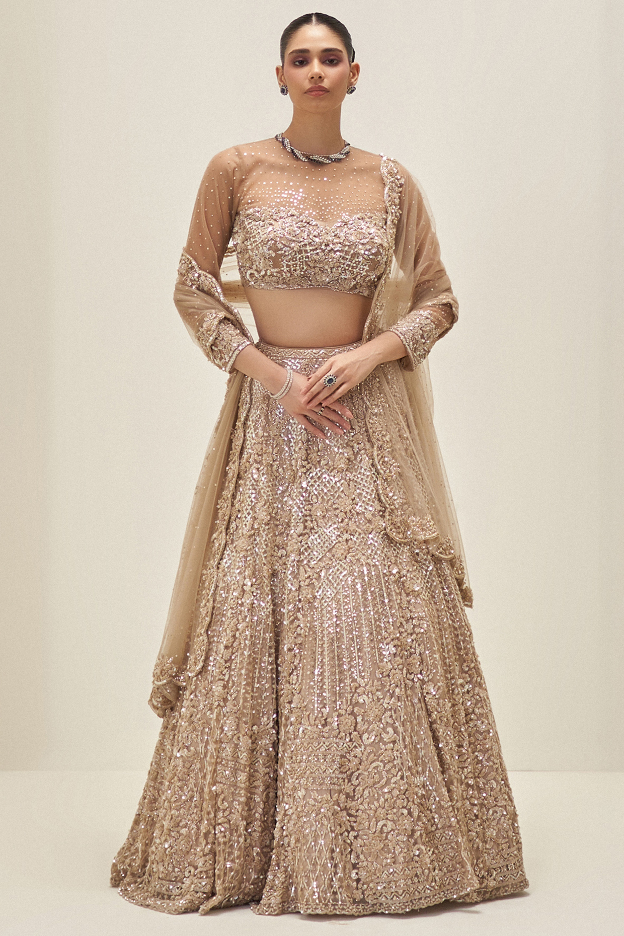 Gold Net Crystal & Sequins Embroidered Bridal Lehenga Set by Angad Singh at Pernia's Pop Up Shop