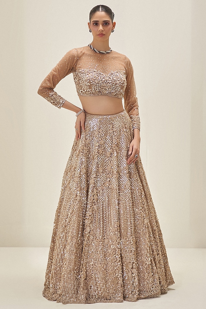 Gold Net Crystal & Sequins Embroidered Bridal Lehenga Set by Angad Singh at Pernia's Pop Up Shop