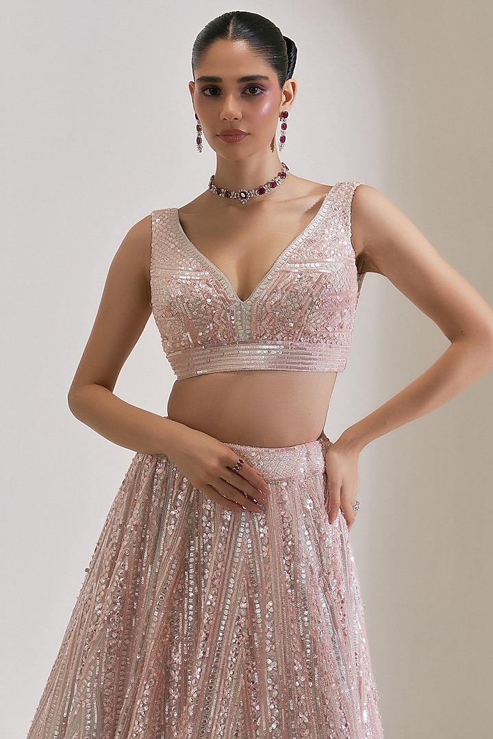 Sea Green Satin Organza Crystal Embroidered Bridal Lehenga Set by Angad Singh at Pernia's Pop Up Shop