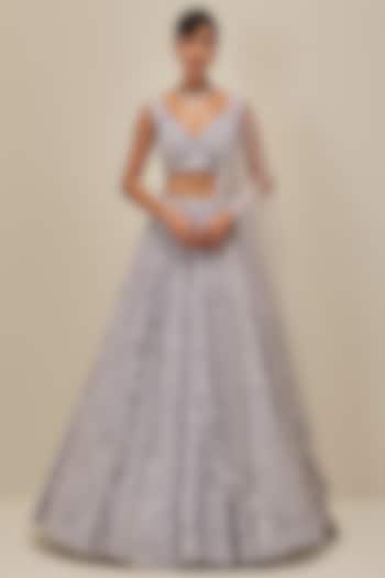 Ice Grey Satin Organza Sequins Embroidered Bridal Lehenga Set by Angad Singh at Pernia's Pop Up Shop