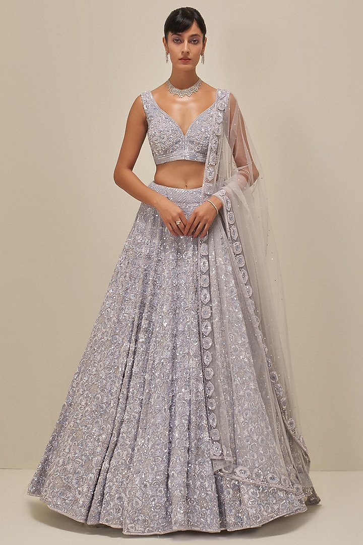 Ice Grey Satin Organza Sequins Embroidered Bridal Lehenga Set by Angad Singh at Pernia's Pop Up Shop