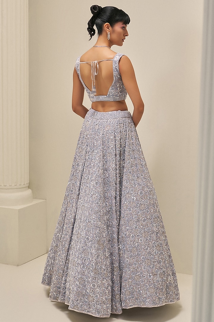 Ice Grey Satin Organza Sequins Embroidered Bridal Lehenga Set by Angad Singh at Pernia's Pop Up Shop