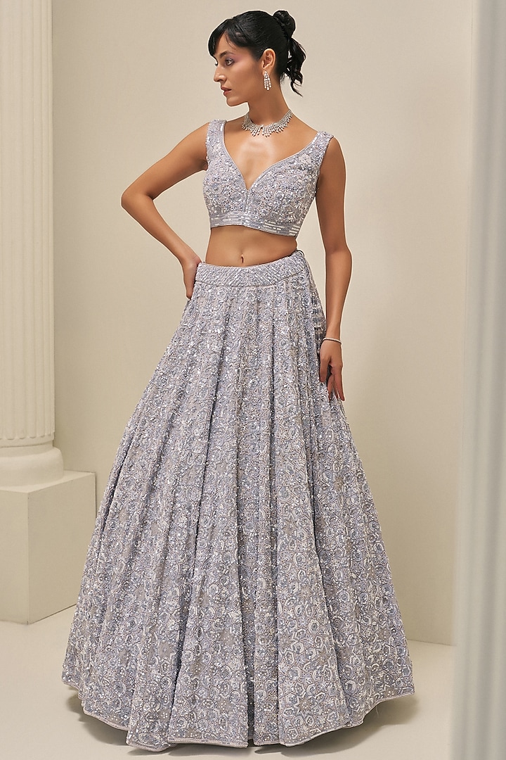 Ice Grey Satin Organza Sequins Embroidered Bridal Lehenga Set by Angad Singh at Pernia's Pop Up Shop