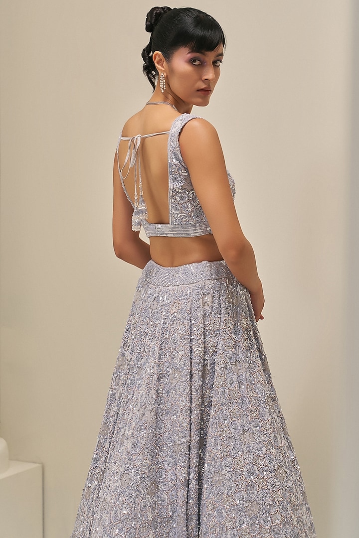 Ice Grey Satin Organza Sequins Embroidered Bridal Lehenga Set by Angad Singh at Pernia's Pop Up Shop