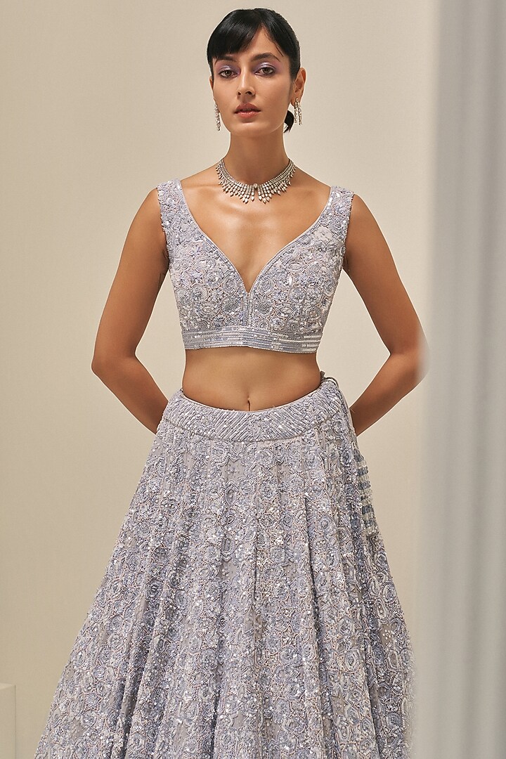 Ice Grey Satin Organza Sequins Embroidered Bridal Lehenga Set by Angad Singh at Pernia's Pop Up Shop
