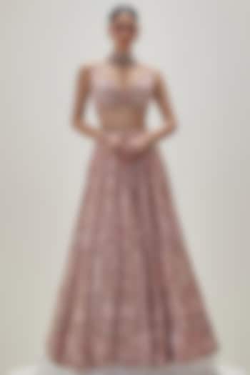 Peach Satin Organza Sequins Embroidered Bridal Lehenga Set by Angad Singh at Pernia's Pop Up Shop