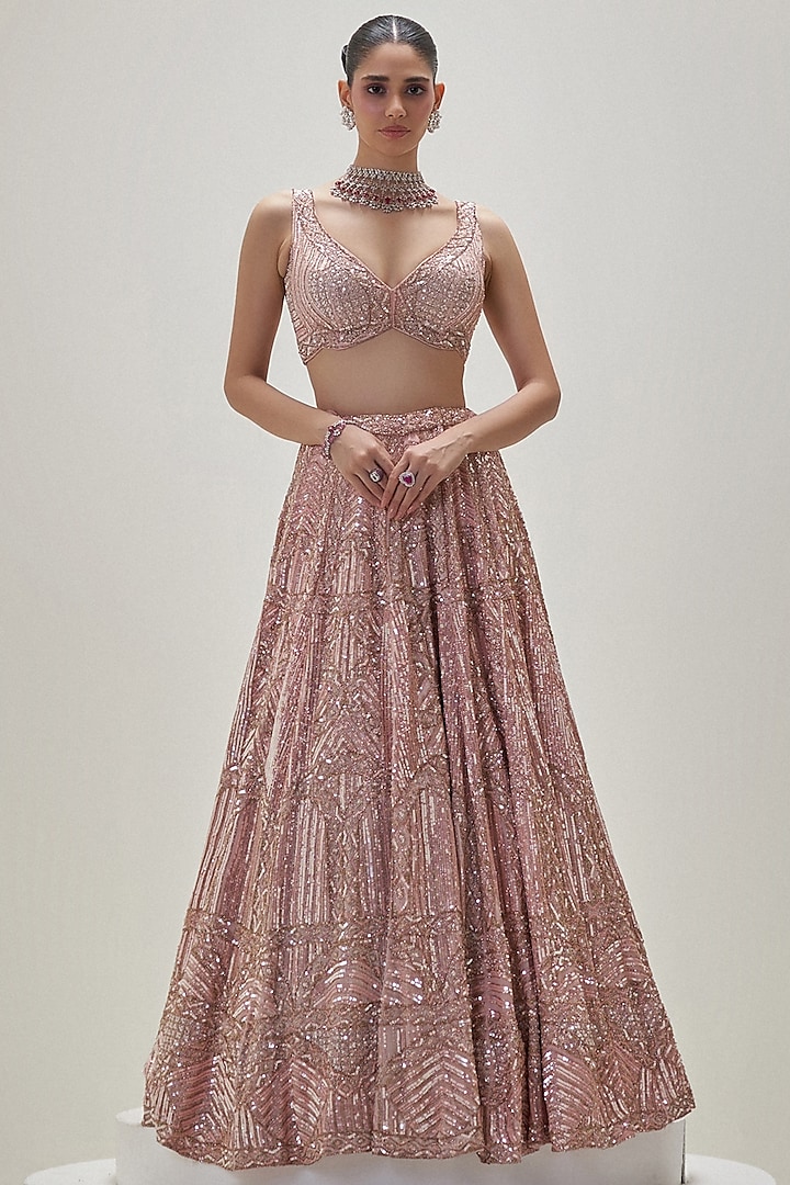 Peach Satin Organza Sequins Embroidered Bridal Lehenga Set by Angad Singh at Pernia's Pop Up Shop