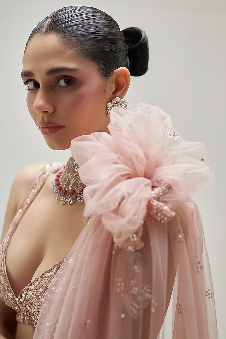 Peach Satin Organza Sequins Embroidered Bridal Lehenga Set by Angad Singh at Pernia's Pop Up Shop