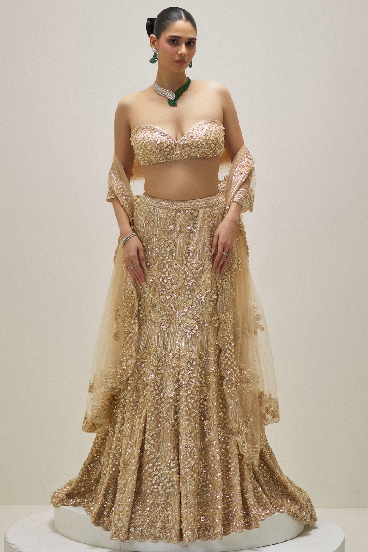 Gold Net Floral Sequins Embroidered Bridal Lehenga Set by Angad Singh at Pernia's Pop Up Shop