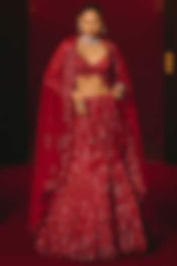 Deep Red Net Embroidered Bridal Lehenga Set by Angad Singh at Pernia's Pop Up Shop