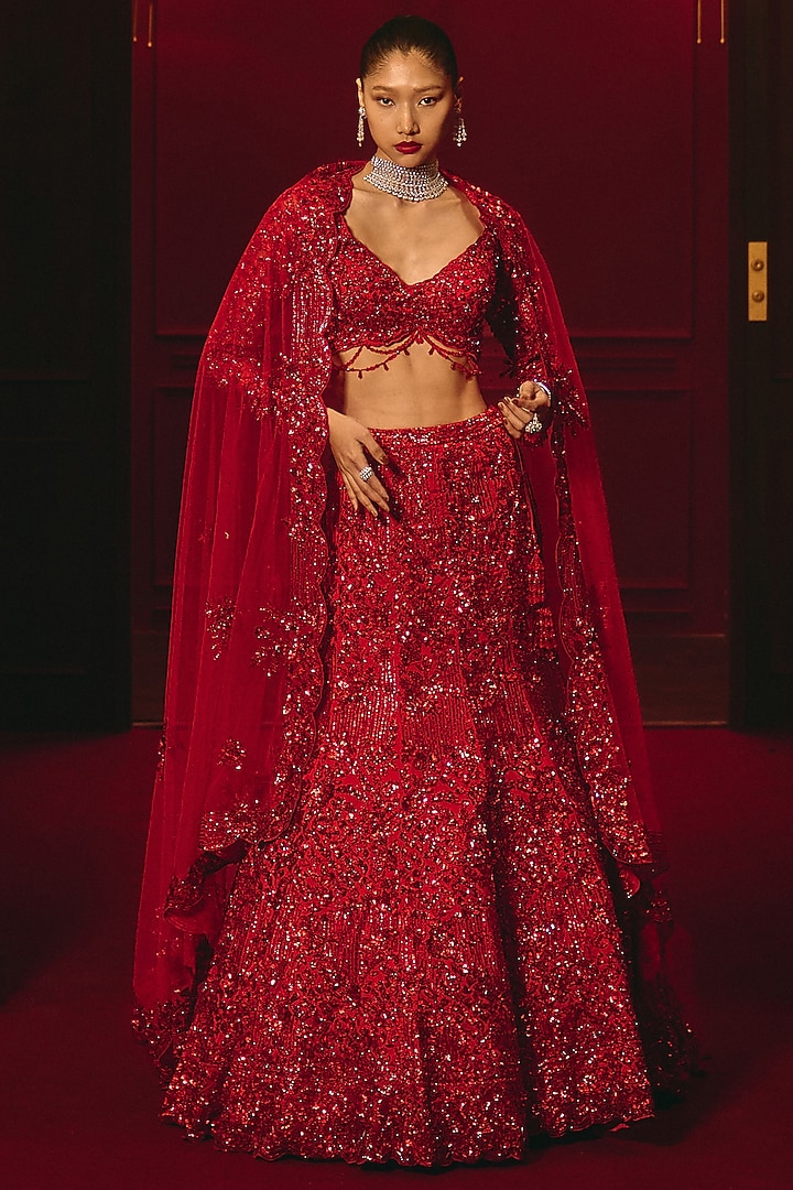 Deep Red Net Embroidered Bridal Lehenga Set by Angad Singh at Pernia's Pop Up Shop