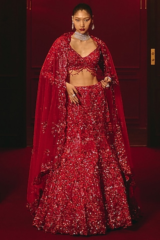 Deep Red Net Embroidered Lehenga Set by Angad Singh