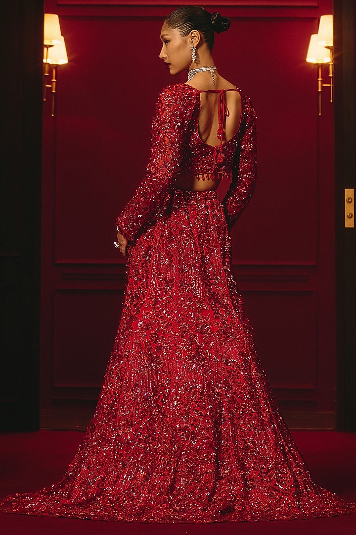 Deep Red Net Embroidered Bridal Lehenga Set by Angad Singh at Pernia's Pop Up Shop