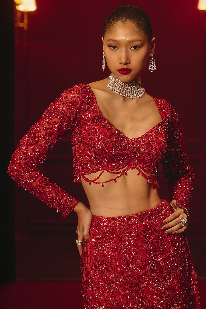 Deep Red Net Embroidered Bridal Lehenga Set by Angad Singh at Pernia's Pop Up Shop