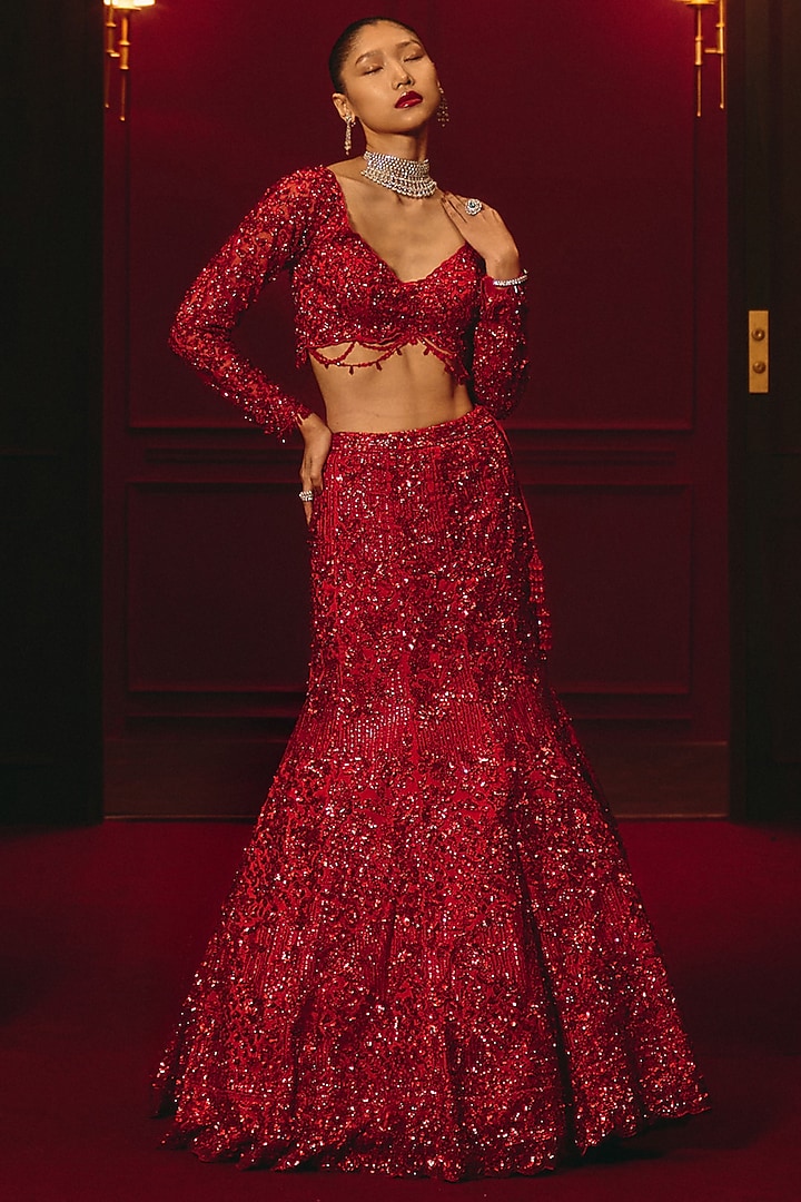 Deep Red Net Embroidered Bridal Lehenga Set by Angad Singh at Pernia's Pop Up Shop