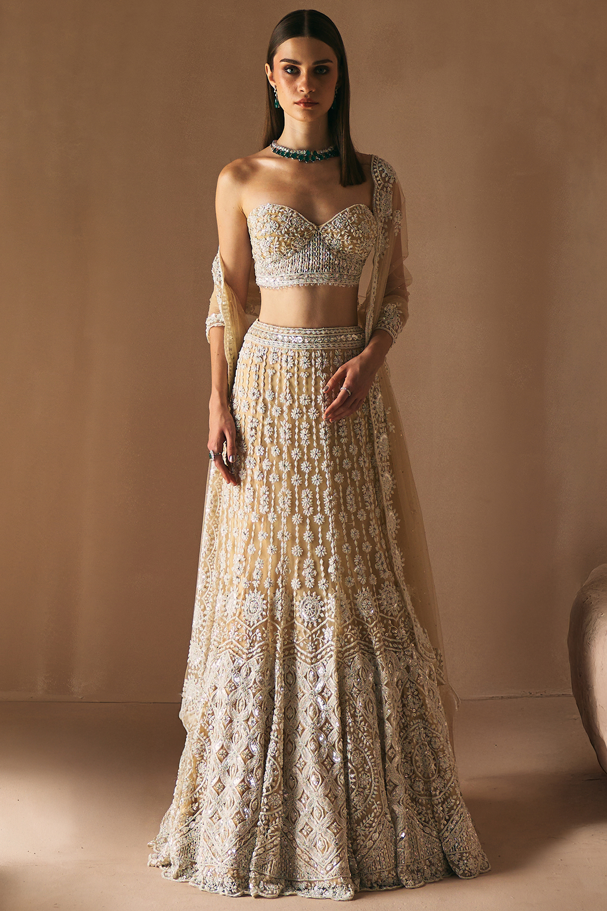 Ivory Net Cutdana & Mirror Embroidered Mermaid Bridal Lehenga Set by Angad Singh at Pernia's Pop Up Shop