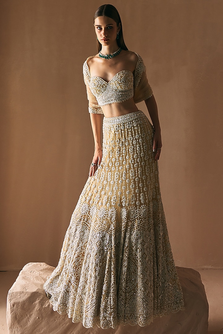 Ivory Net Cutdana & Mirror Embroidered Mermaid Bridal Lehenga Set by Angad Singh at Pernia's Pop Up Shop