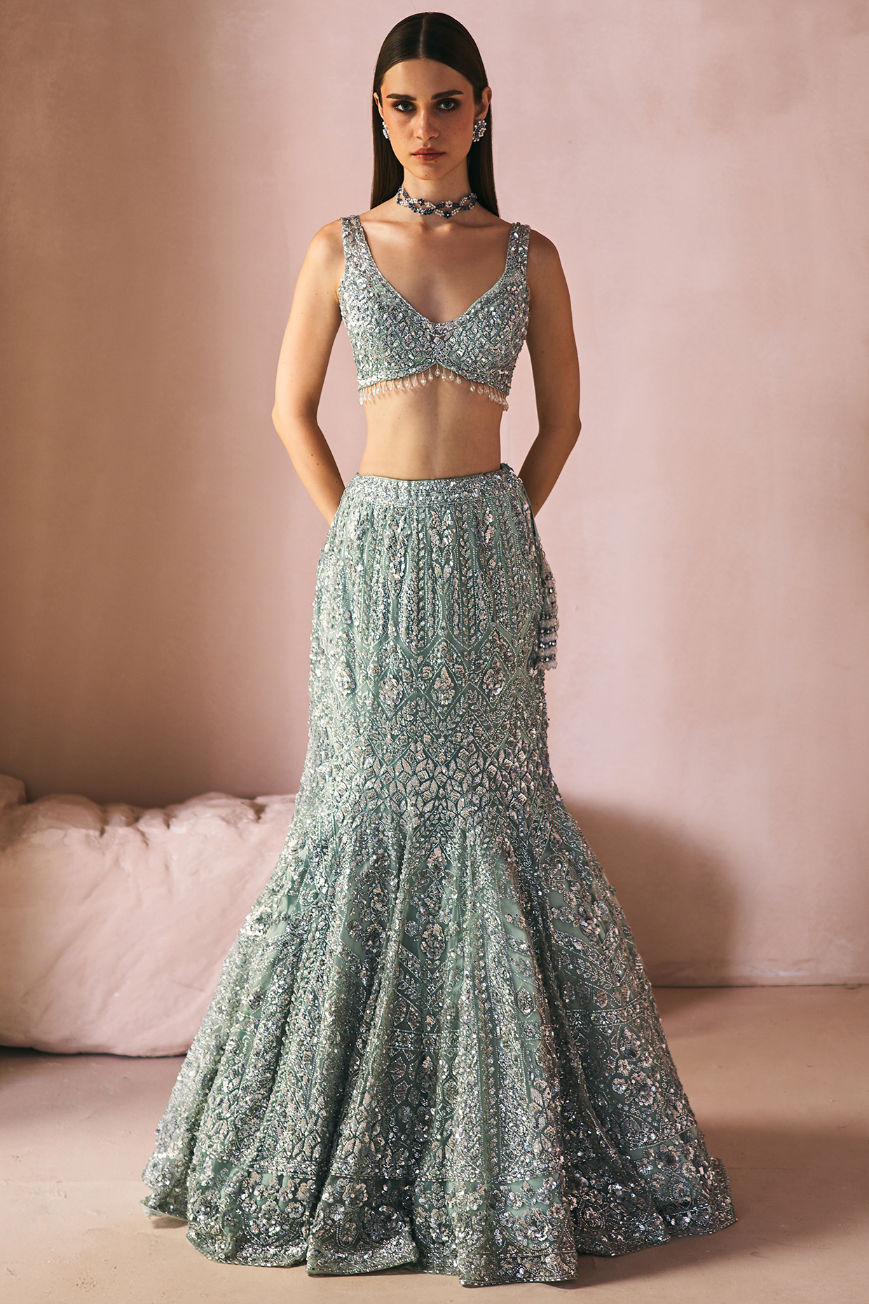 Mint Green Net Cutdana Embroidered Mermaid Bridal Lehenga Set by Angad Singh at Pernia's Pop Up Shop