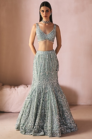 Mint Green Net Cutdana Embroidered Mermaid Lehenga Set by Angad Singh