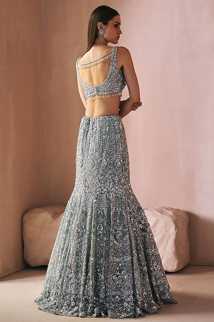 Mint Green Net Cutdana Embroidered Mermaid Bridal Lehenga Set by Angad Singh at Pernia's Pop Up Shop