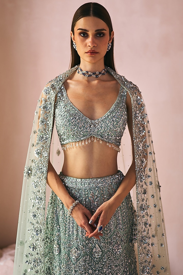Mint Green Net Cutdana Embroidered Mermaid Bridal Lehenga Set by Angad Singh at Pernia's Pop Up Shop