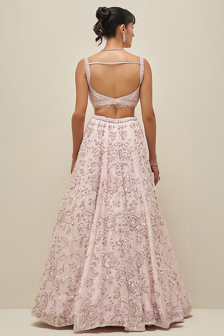 Blush Pink Satin Organza Sequins Embroidered Bridal Lehenga Set by Angad Singh at Pernia's Pop Up Shop
