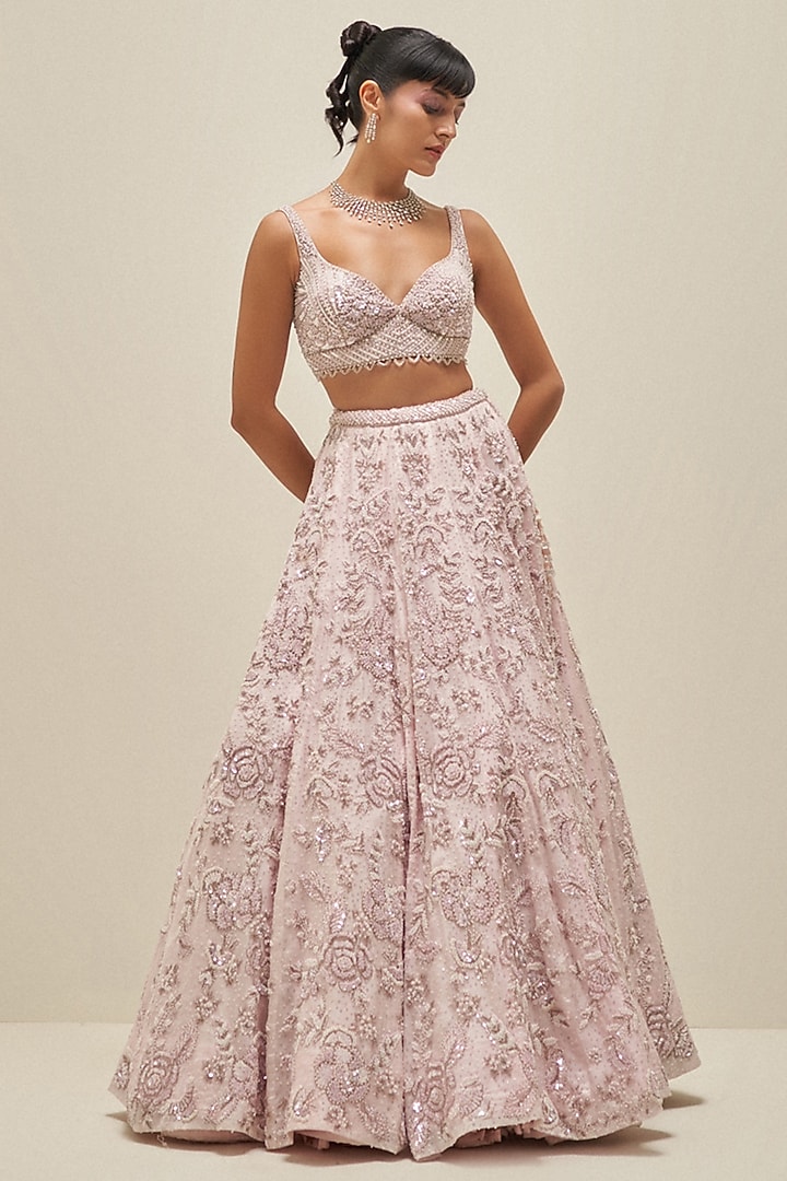 Blush Pink Satin Organza Sequins Embroidered Bridal Lehenga Set by Angad Singh at Pernia's Pop Up Shop