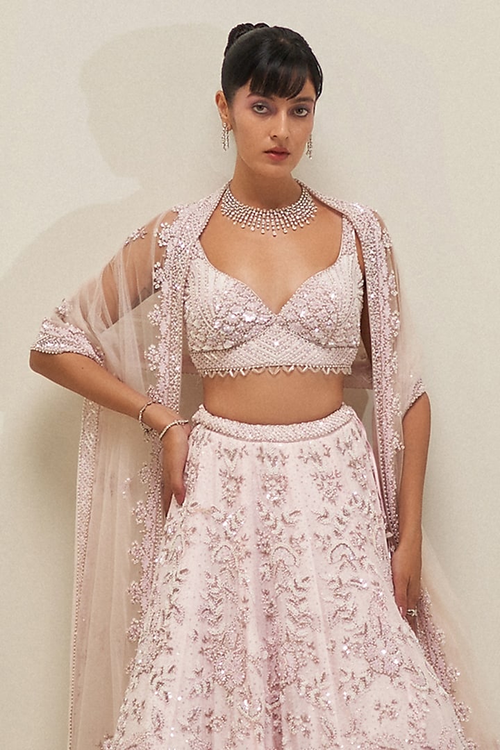 Blush Pink Satin Organza Sequins Embroidered Bridal Lehenga Set by Angad Singh at Pernia's Pop Up Shop
