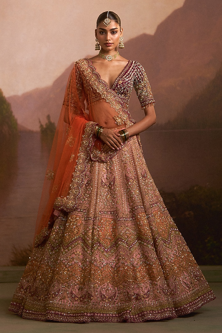 Multi-Colored Organza Floral Embroidered Bridal Lehenga Set by Angad Singh at Pernia's Pop Up Shop