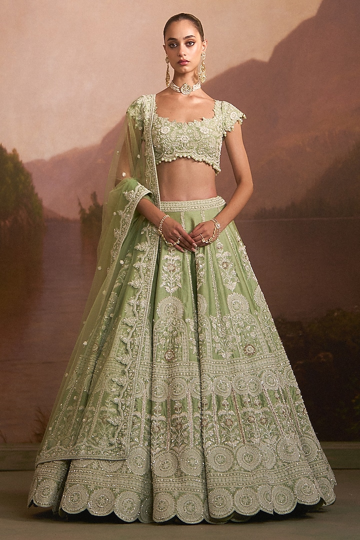 Mint Green Raw Silk Zardosi Embroidered Bridal Lehenga Set by Angad Singh at Pernia's Pop Up Shop