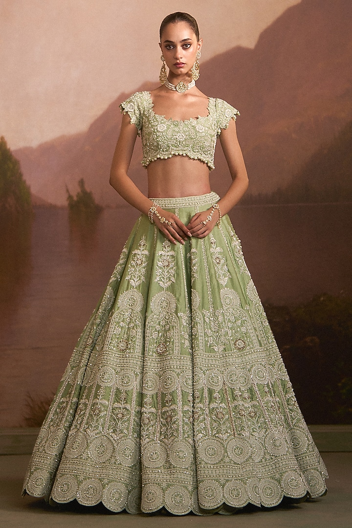 Mint Green Raw Silk Zardosi Embroidered Bridal Lehenga Set by Angad Singh at Pernia's Pop Up Shop