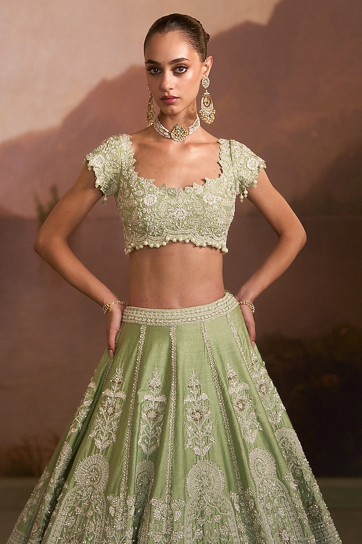 Mint Green Raw Silk Zardosi Embroidered Bridal Lehenga Set by Angad Singh at Pernia's Pop Up Shop