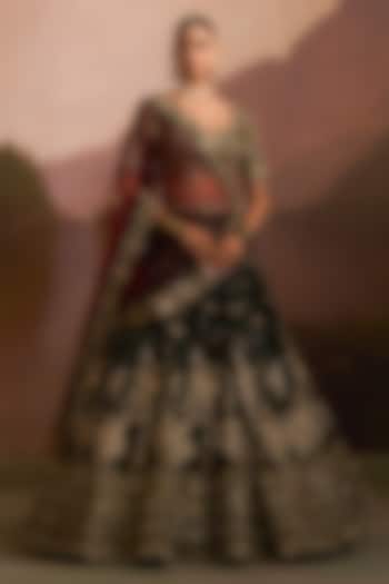 Bottle Green Raw Silk Zardosi Embroidered Bridal Lehenga Set by Angad Singh at Pernia's Pop Up Shop