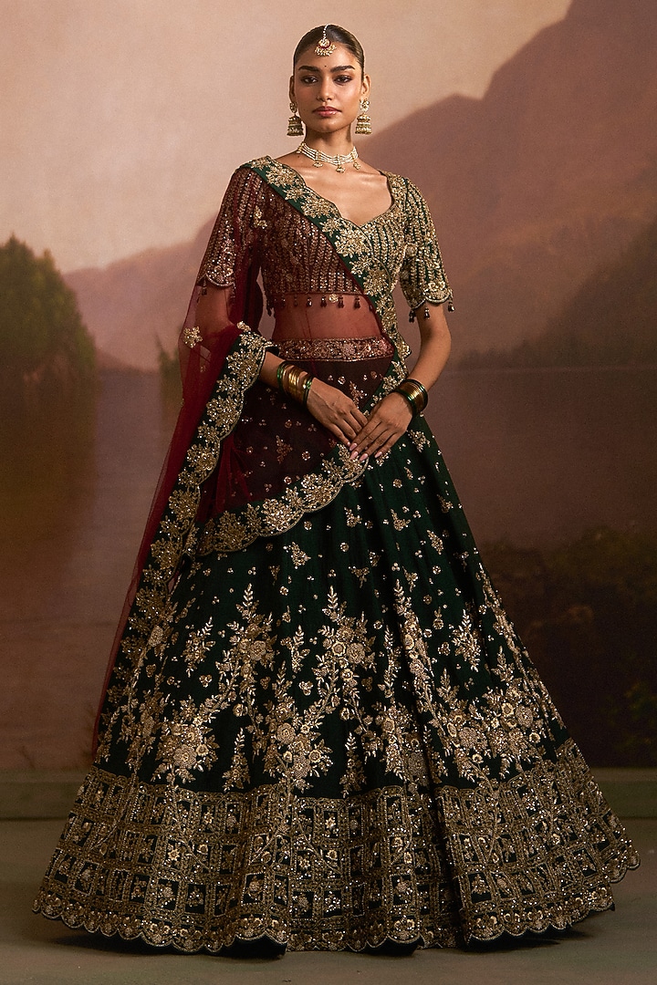 Bottle Green Raw Silk Zardosi Embroidered Bridal Lehenga Set by Angad Singh at Pernia's Pop Up Shop
