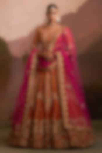 Rust Raw Silk Zardosi Embroidered Bridal Lehenga Set by Angad Singh at Pernia's Pop Up Shop