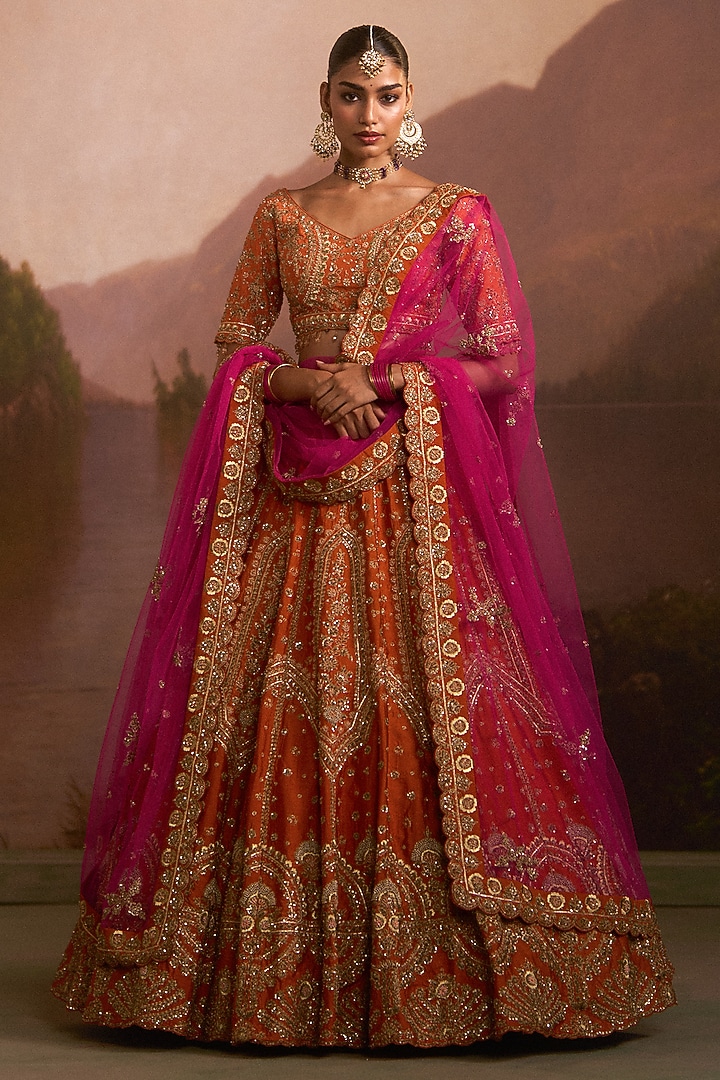 Rust Raw Silk Zardosi Embroidered Bridal Lehenga Set by Angad Singh at Pernia's Pop Up Shop
