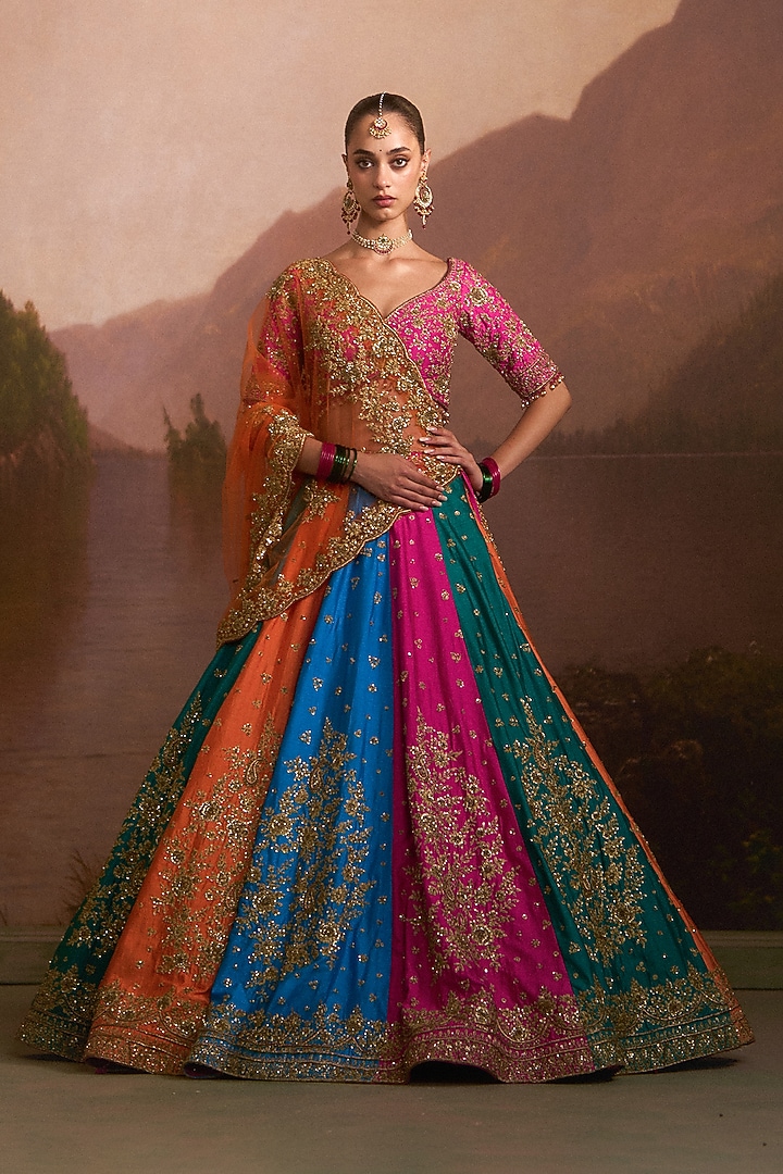 Multi-Colored Raw Silk Zardosi Embroidered Bridal Lehenga Set by Angad Singh at Pernia's Pop Up Shop
