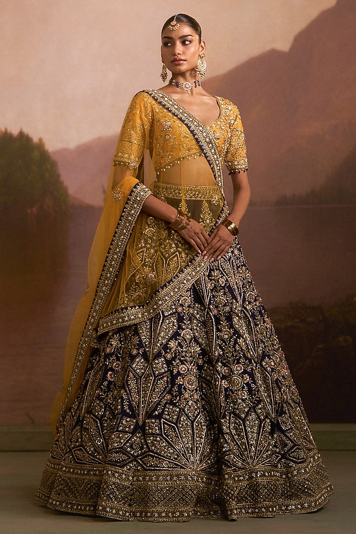 Navy Blue Raw Silk Zardosi Embroidered Bridal Lehenga Set by Angad Singh at Pernia's Pop Up Shop