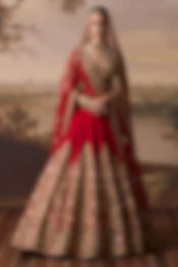Red Raw Silk Floral Embroidered Bridal Lehenga Set by Angad Singh at Pernia's Pop Up Shop