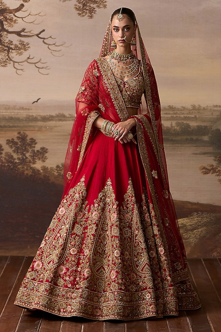Red Raw Silk Floral Embroidered Bridal Lehenga Set by Angad Singh at Pernia's Pop Up Shop