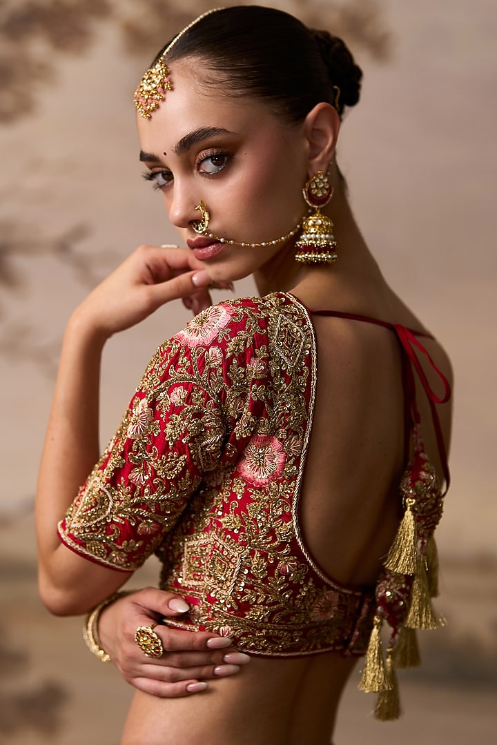 Red Raw Silk Floral Embroidered Bridal Lehenga Set by Angad Singh at Pernia's Pop Up Shop