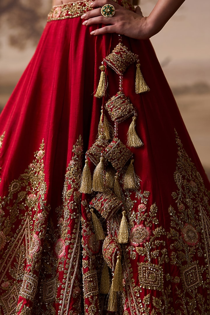 Red Raw Silk Floral Embroidered Bridal Lehenga Set by Angad Singh at Pernia's Pop Up Shop