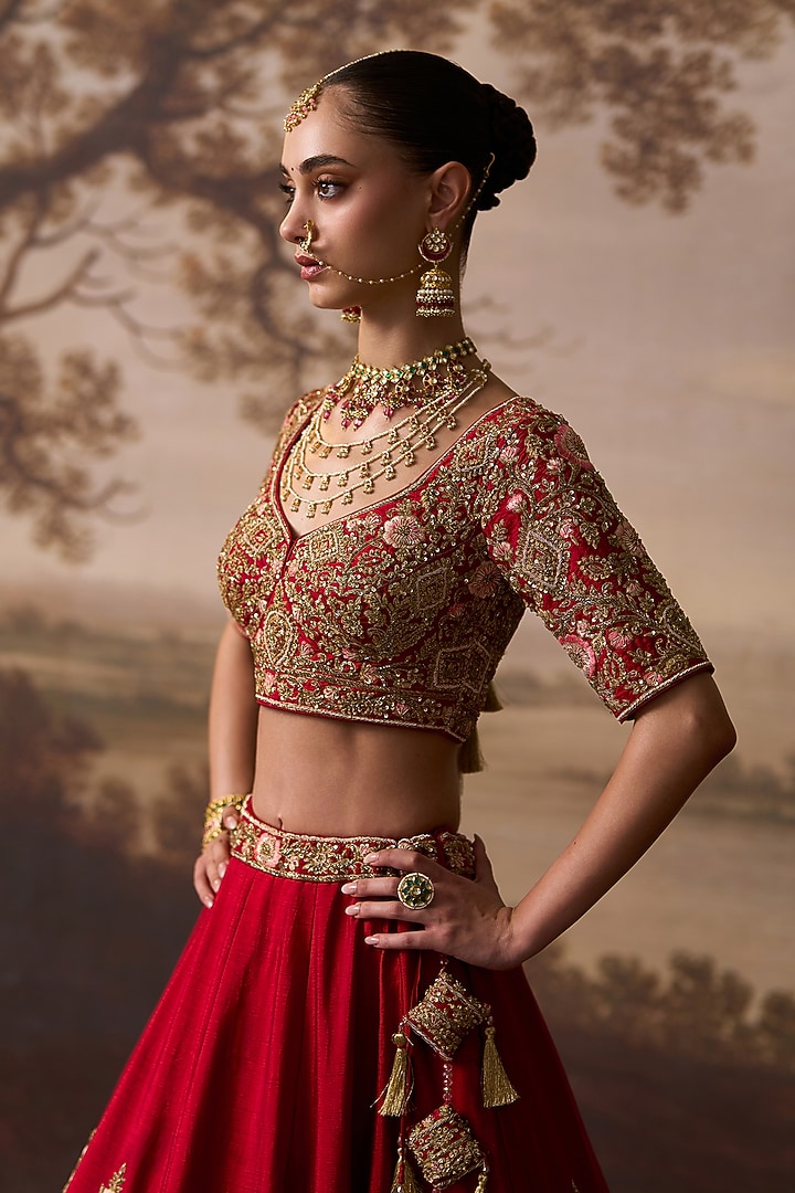Red Raw Silk Floral Embroidered Bridal Lehenga Set by Angad Singh at Pernia's Pop Up Shop
