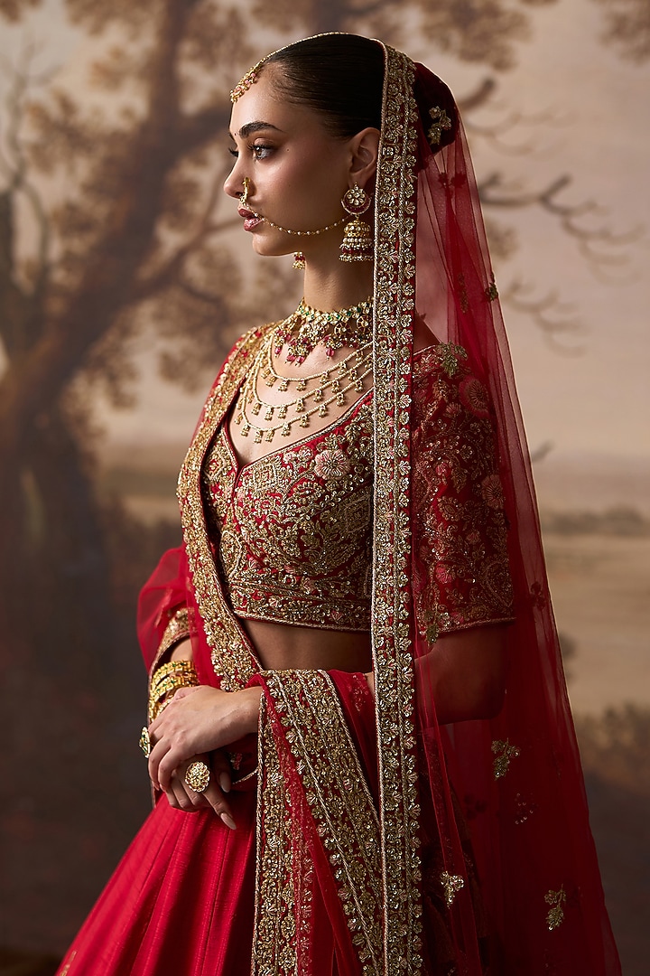Red Raw Silk Floral Embroidered Bridal Lehenga Set by Angad Singh at Pernia's Pop Up Shop