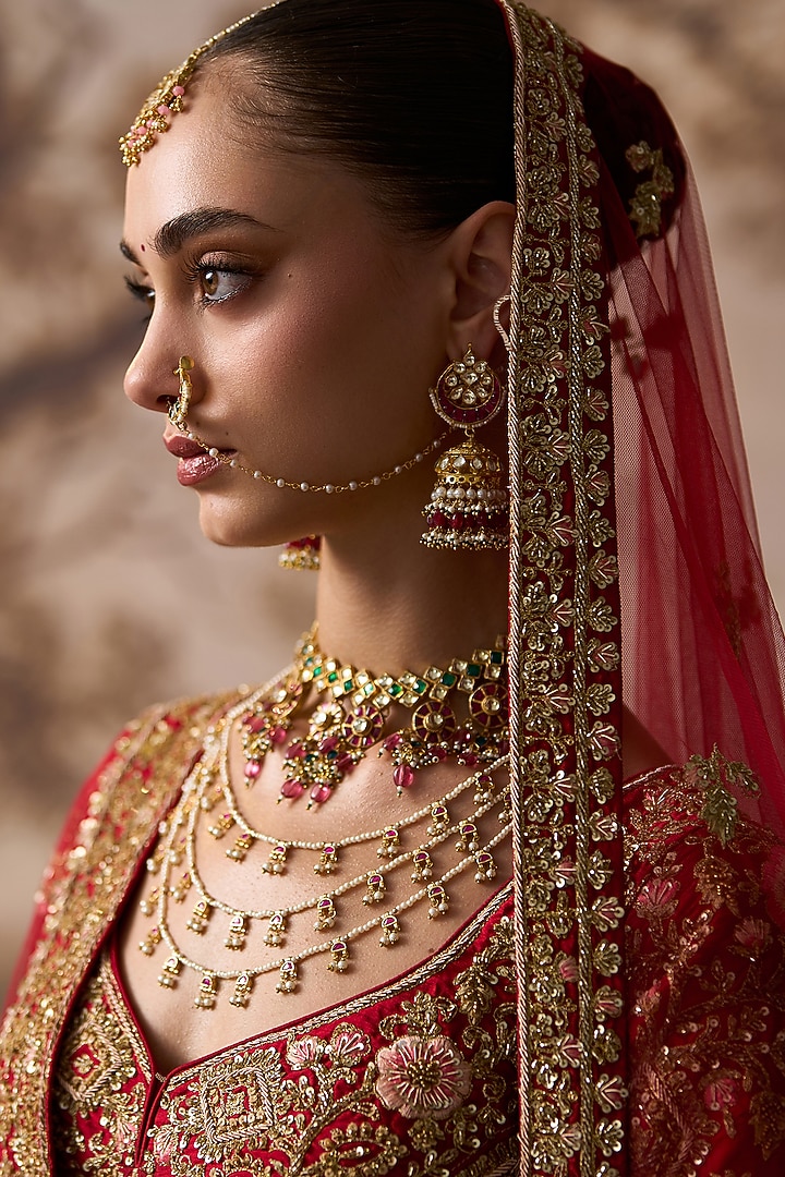 Red Raw Silk Floral Embroidered Bridal Lehenga Set by Angad Singh at Pernia's Pop Up Shop