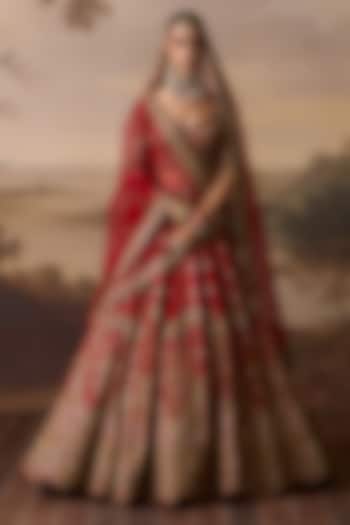 Red Raw Silk Embroidered Bridal Lehenga Set by Angad Singh at Pernia's Pop Up Shop