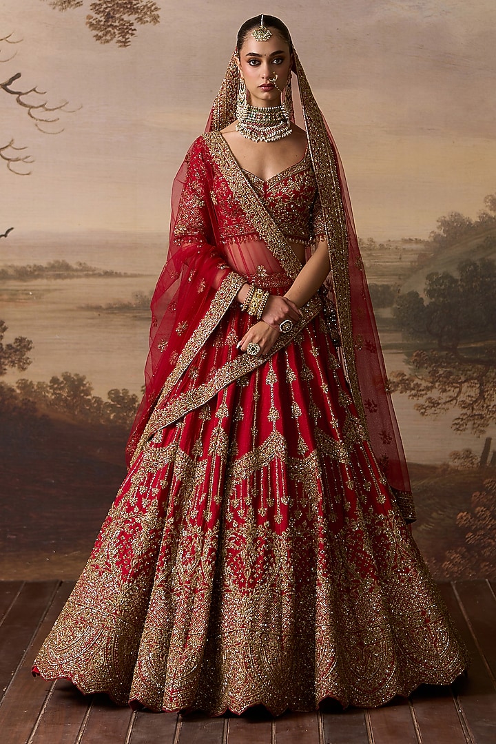 Red Raw Silk Embroidered Bridal Lehenga Set by Angad Singh at Pernia's Pop Up Shop
