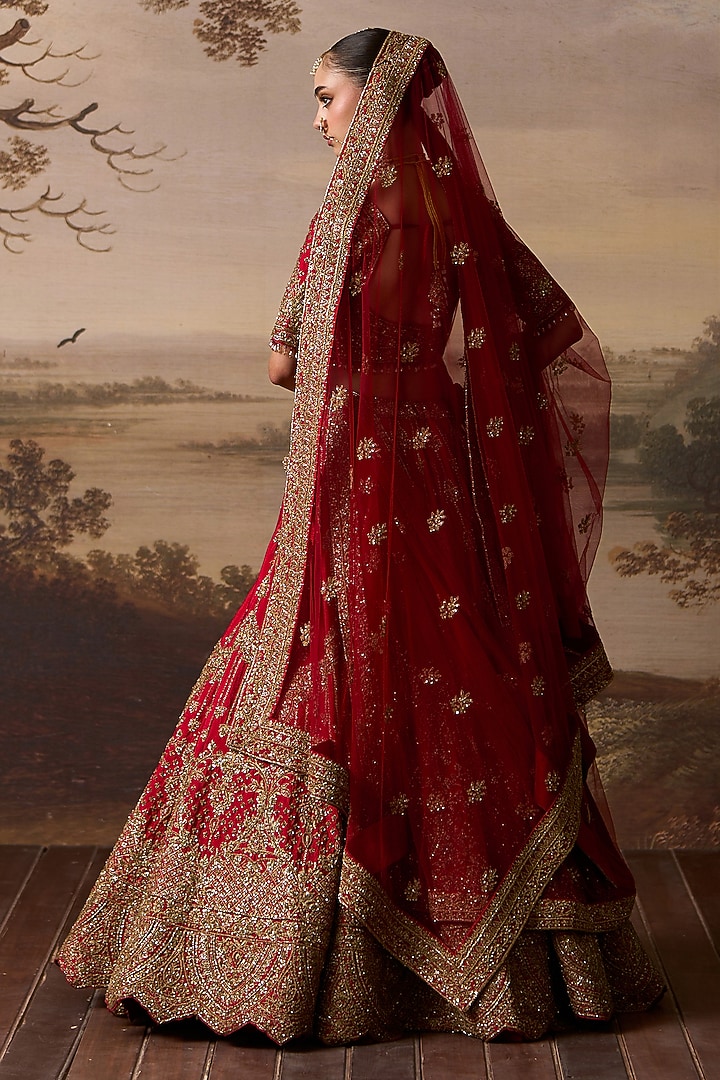 Red Raw Silk Embroidered Bridal Lehenga Set by Angad Singh at Pernia's Pop Up Shop