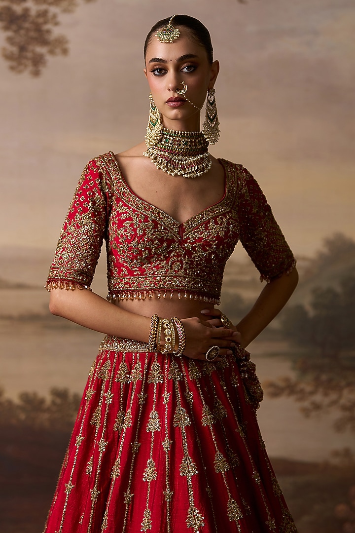 Red Raw Silk Embroidered Bridal Lehenga Set by Angad Singh at Pernia's Pop Up Shop