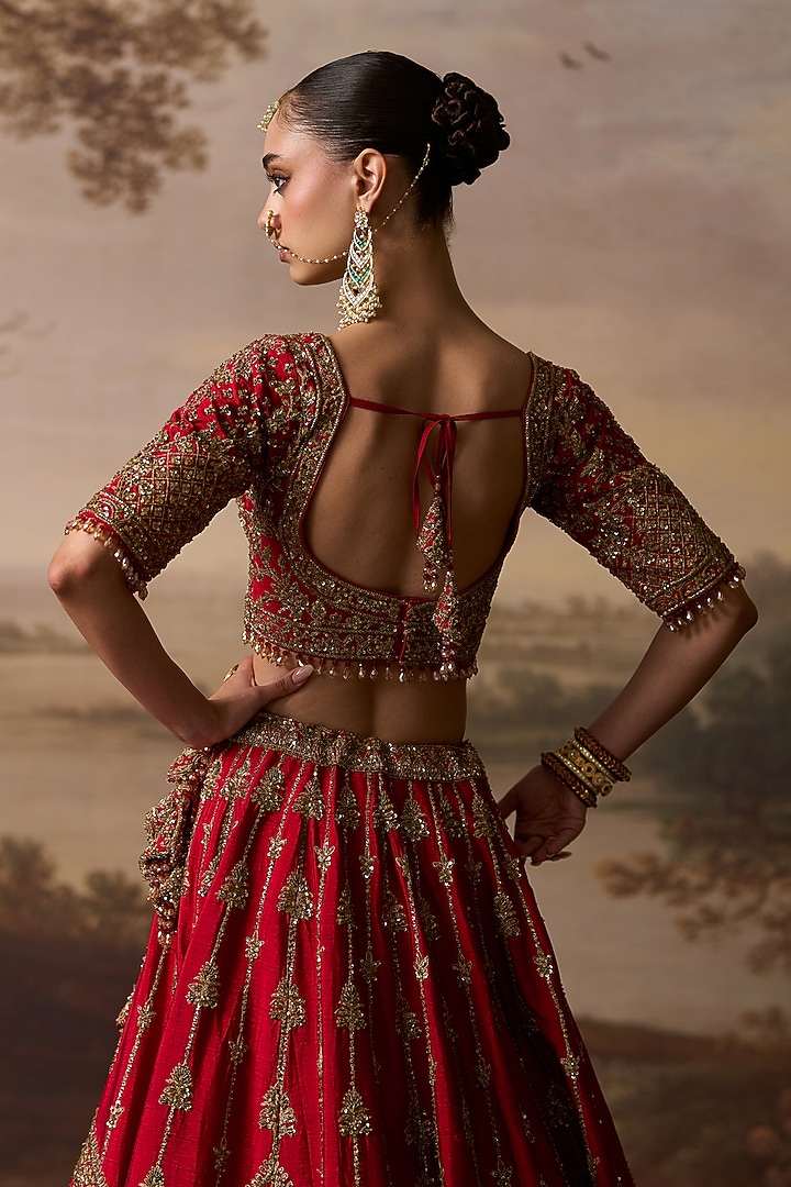 Red Raw Silk Embroidered Bridal Lehenga Set by Angad Singh at Pernia's Pop Up Shop